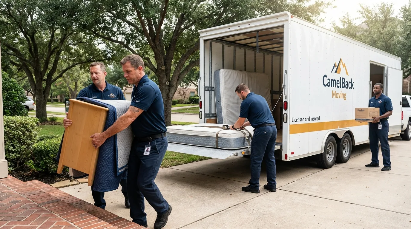 Crew loading residential truck for cross-state move from Benjamin, TX