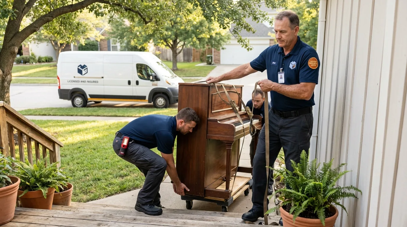 Licensed piano movers securing grand piano in Benjamin, TX