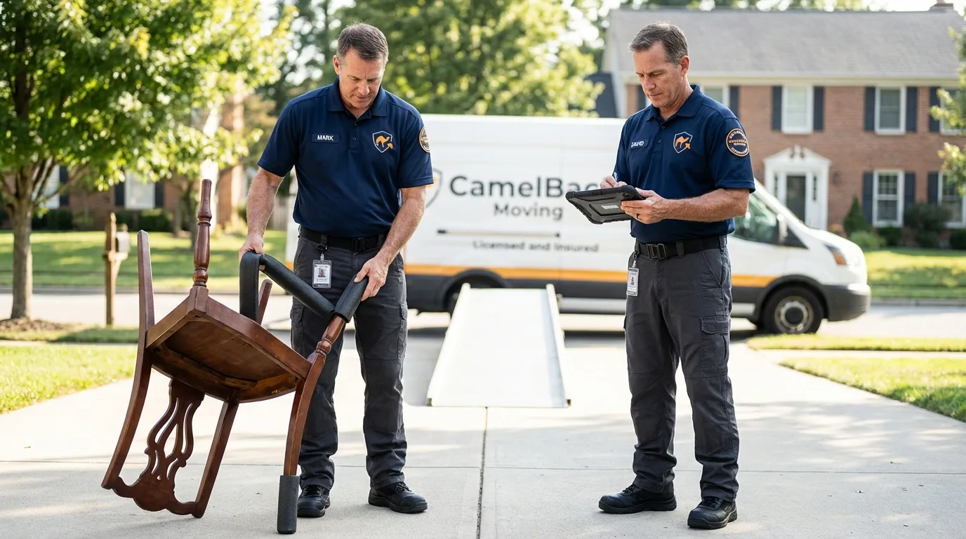 Movers inspecting furniture for damage prevention before loading in Benjamin, TX