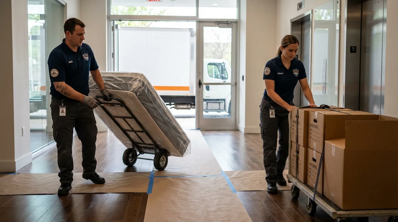 Professional apartment movers loading elevator in Benjamin, TX